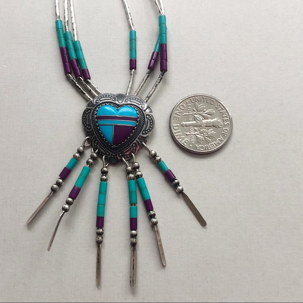 Southwestern Liquid Silver Inlay Turquoise Sugilite Sterling Heart Necklace - Picture 7 of 12